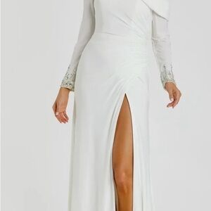 Mac Duggal Beaded Cuff Drop Shoulder Faux Wrap Gown in White, size 2.
